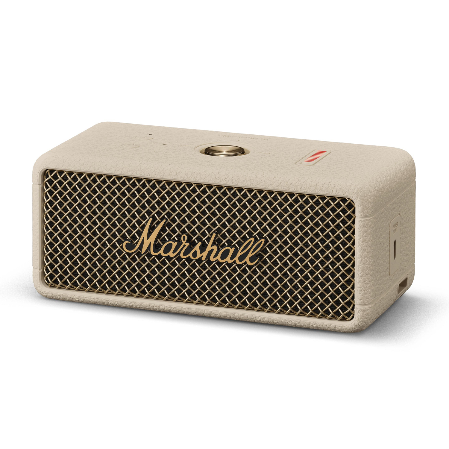 Altoparlante Marshall beige con griglia, vista angolata e logo Marshall.