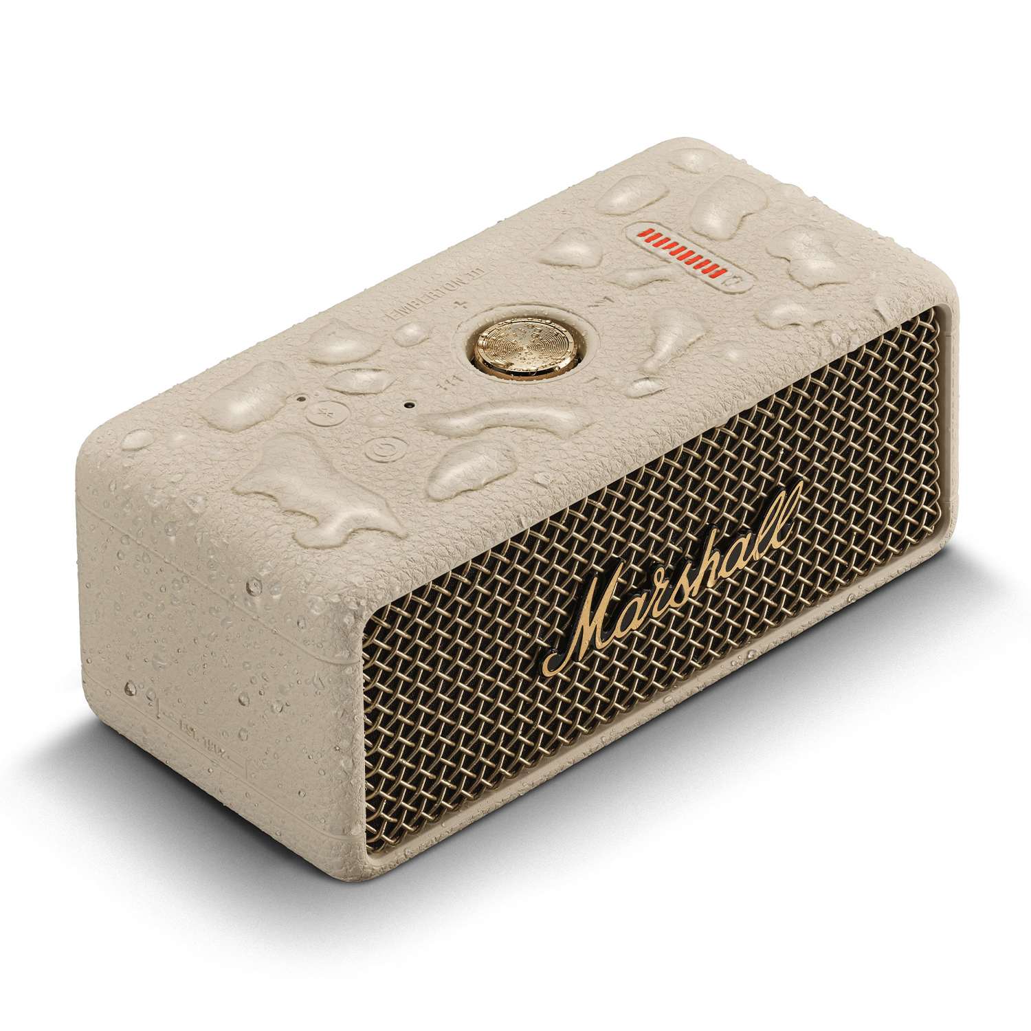 Altoparlante Marshall beige con goccioline d'acqua, griglia dorata e sfondo bianco.