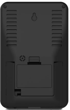 Retro di dispositivo nero, vano batteria aperto. Include prese d'aria e foro per appendere, sfondo bianco.