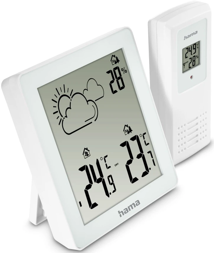 Una stazione meteorologica bianca che mostra temperatura, umidità e icone meteo sul suo schermo.