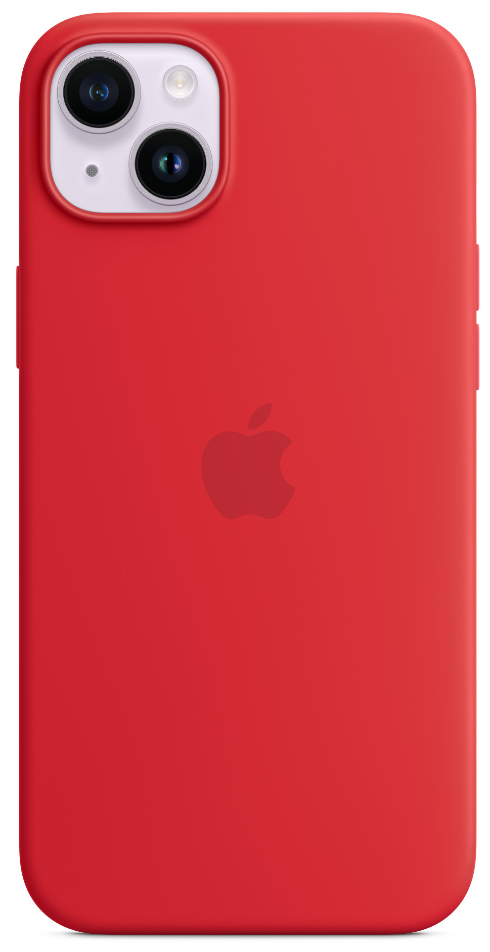 Piros iPhone tok, hátulján az Apple logóval. A telefonon kamerák és gombok vannak.