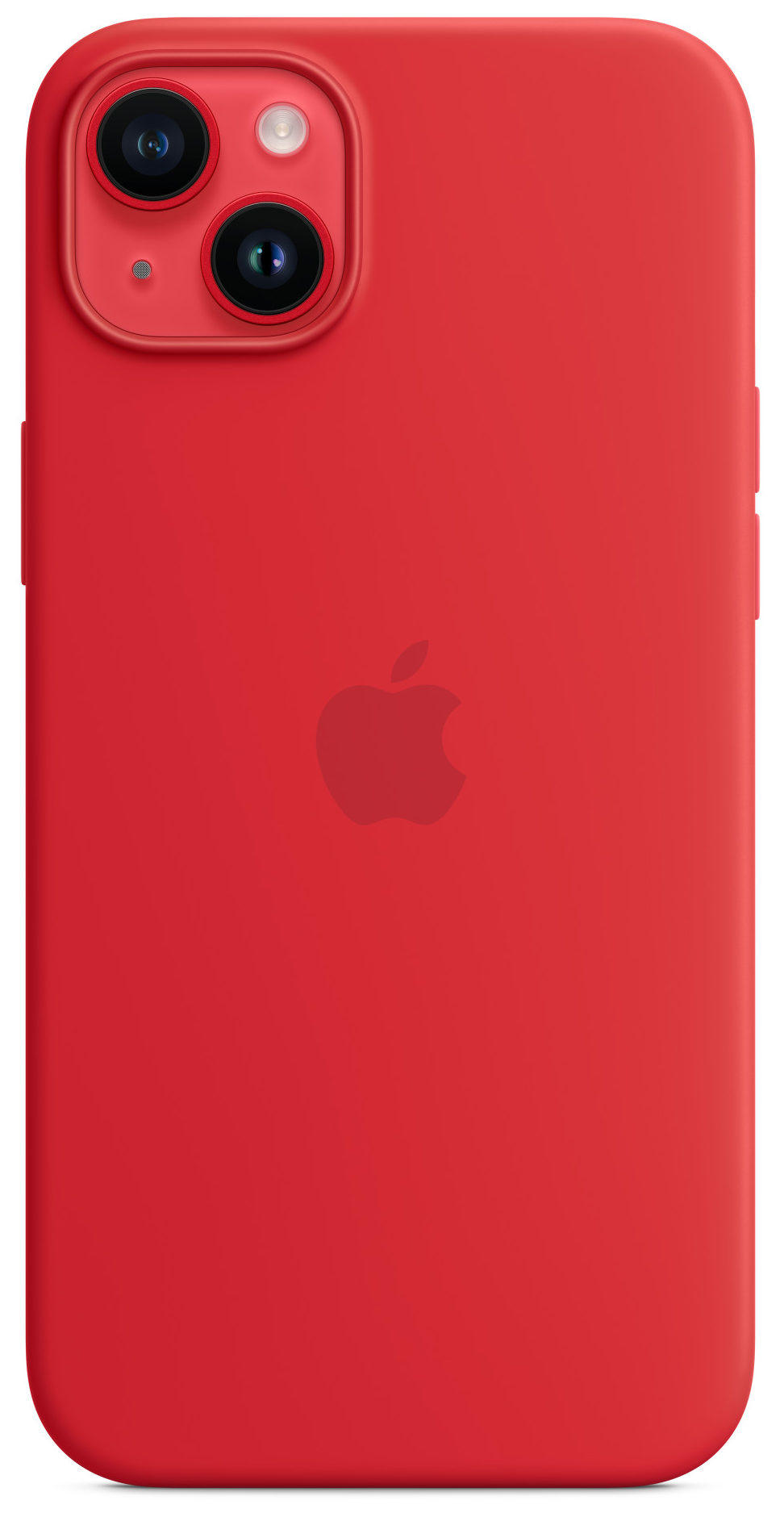 Egy piros iPhone kamera kiemelkedéssel, fehér háttér előtt. Az Apple logója látható.
