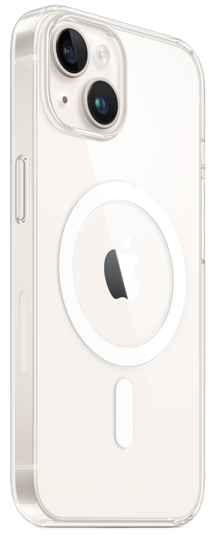 Átlátszó iPhone tok MagSafe gyűrűvel. A tok a telefon hátulján van, mutatva a kamerát és az Apple logót.