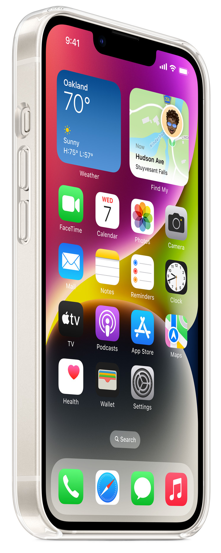 Egy iPhone átlátszó tokkal a kezdőképernyőt mutatja, alkalmazásikonokkal és egy időjárás-widgettel.