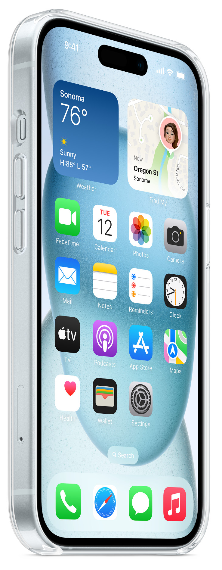 Egy ezüst iPhone átlátszó tokkal, amely a kezdőképernyőt mutatja alkalmazásikonokkal és widgetekkel.