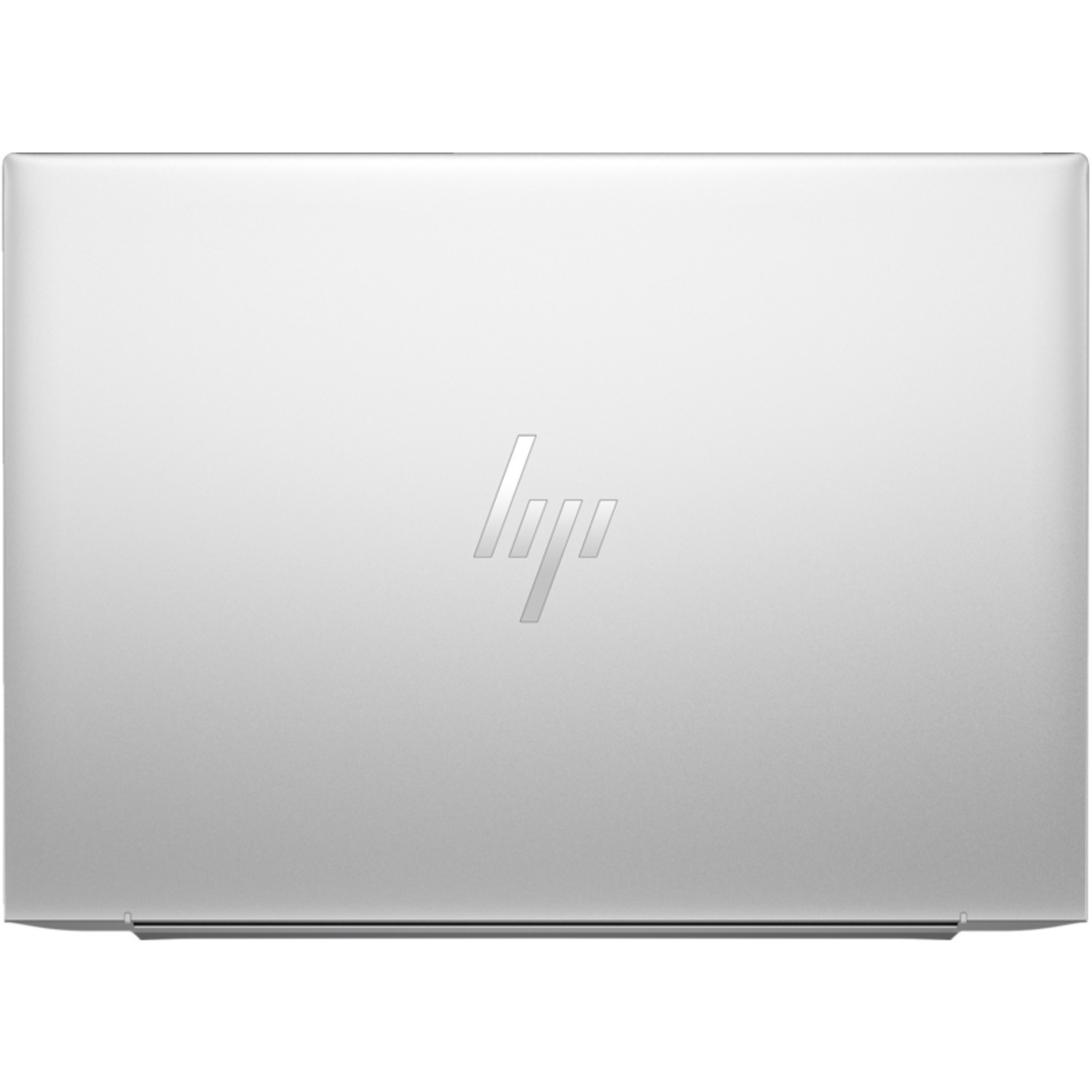 L'arrière d'un ordinateur portable argenté avec le logo HP au centre.