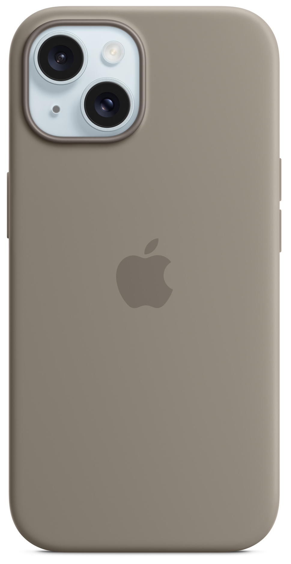 Taupe színű telefontok az Apple logóval. A tokon kamerakivágások találhatók.
