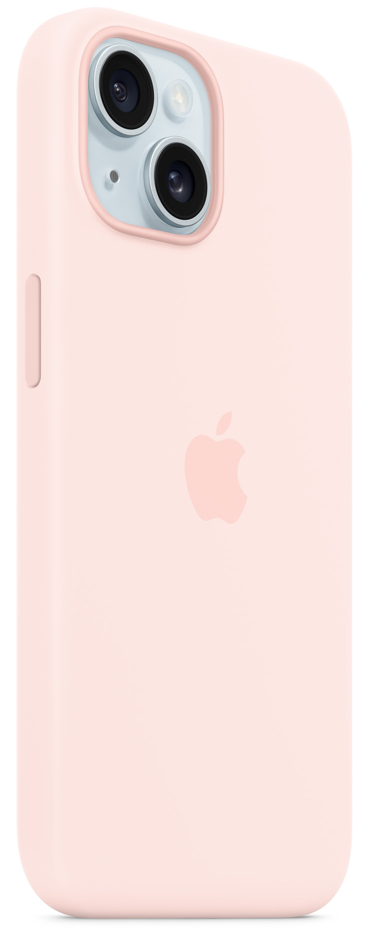 Rózsaszín iPhone tok két kamerával és az Apple logóval. Oldalnézet.