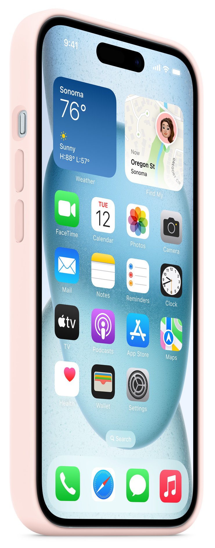 Rózsaszín iPhone a kezdőképernyővel.