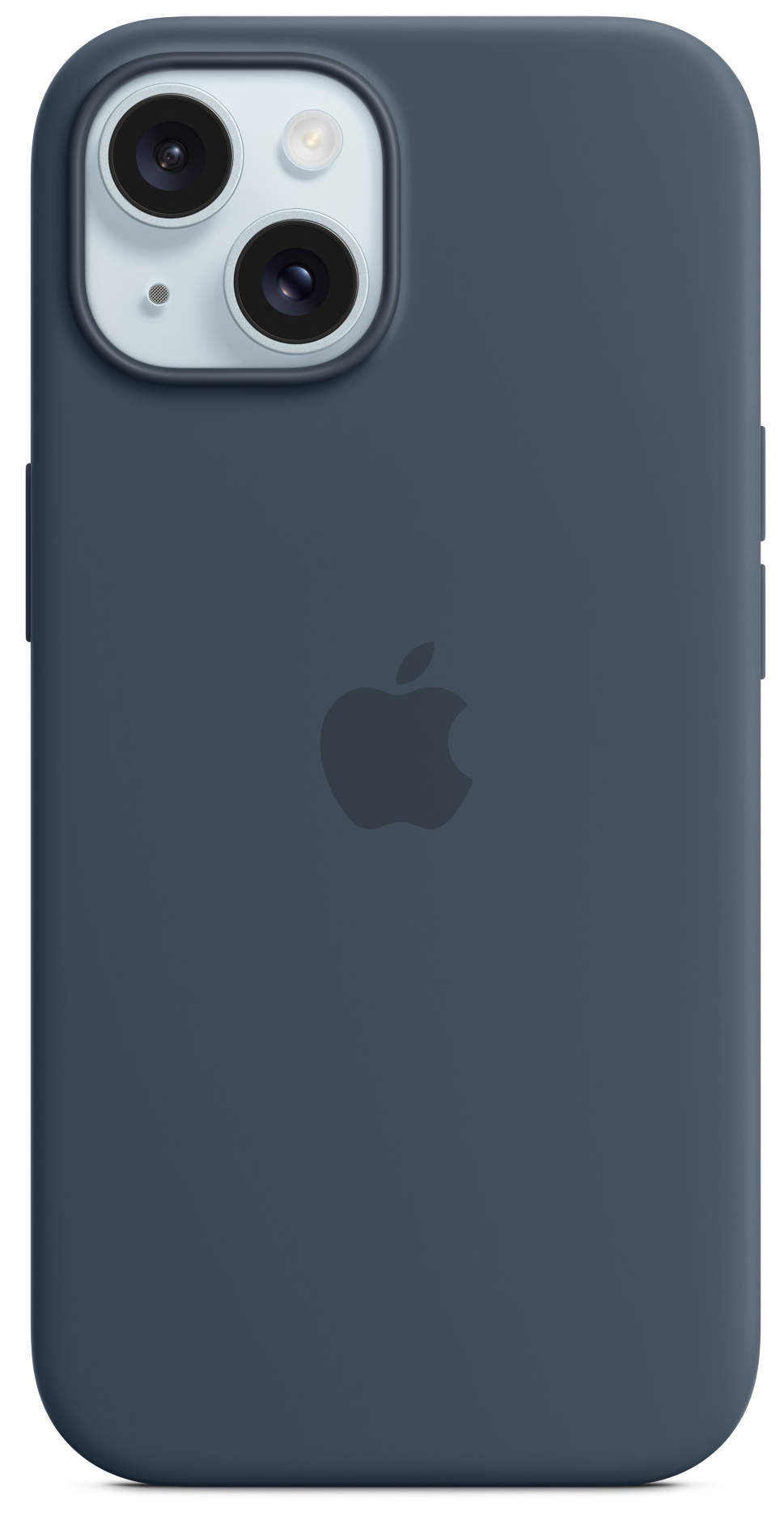 Sötétkék iPhone. Hátulnézet. Apple logó középen, két oldalsó gomb.