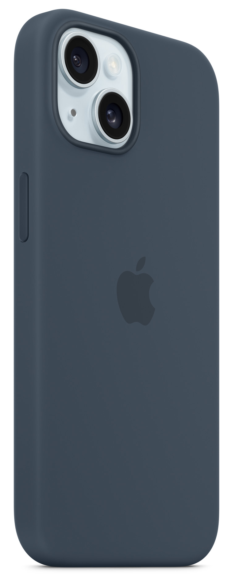 Kék telefontok Apple logóval, oldalsó nézet.