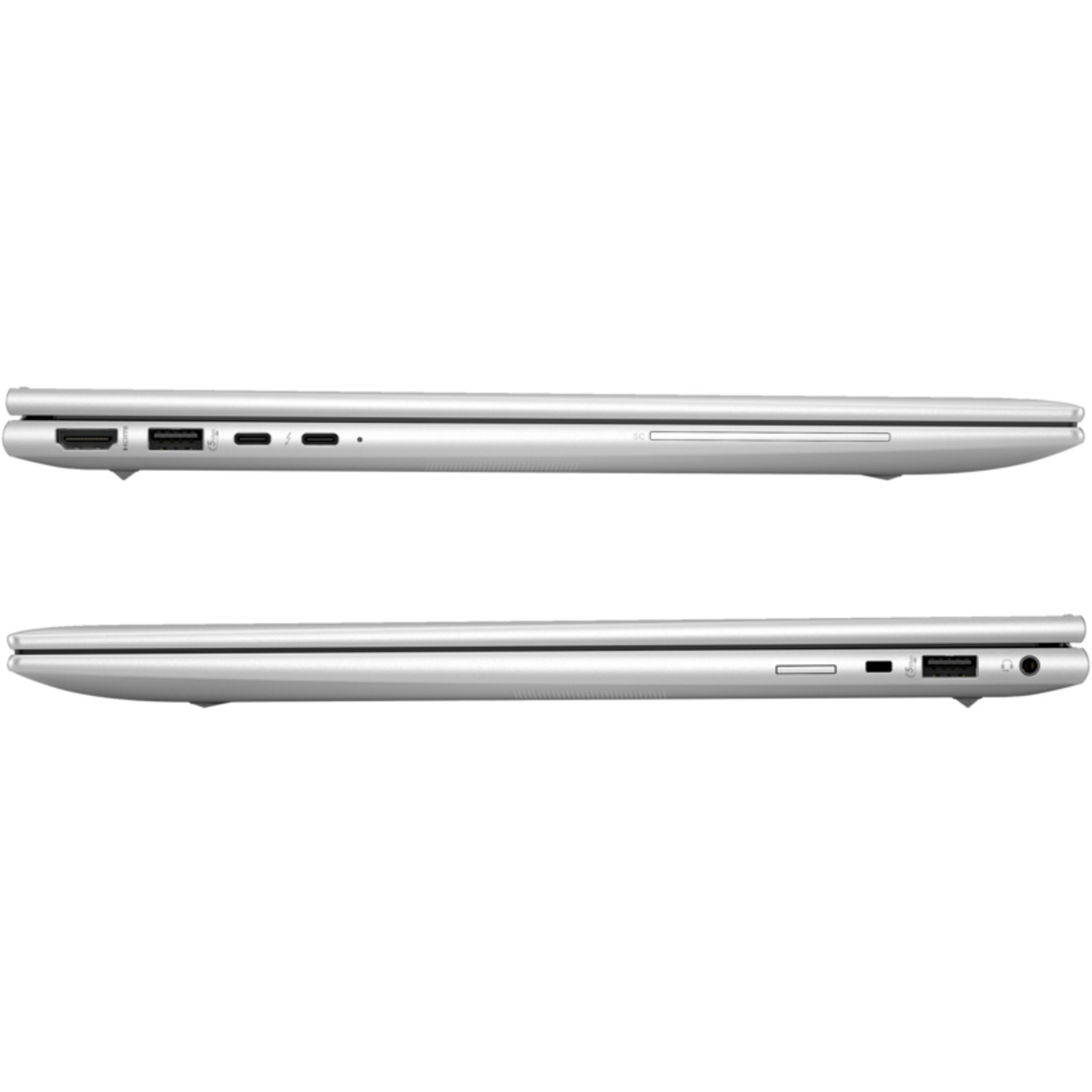Twee laptops naast elkaar, met poorten en functies, tegen een witte achtergrond.