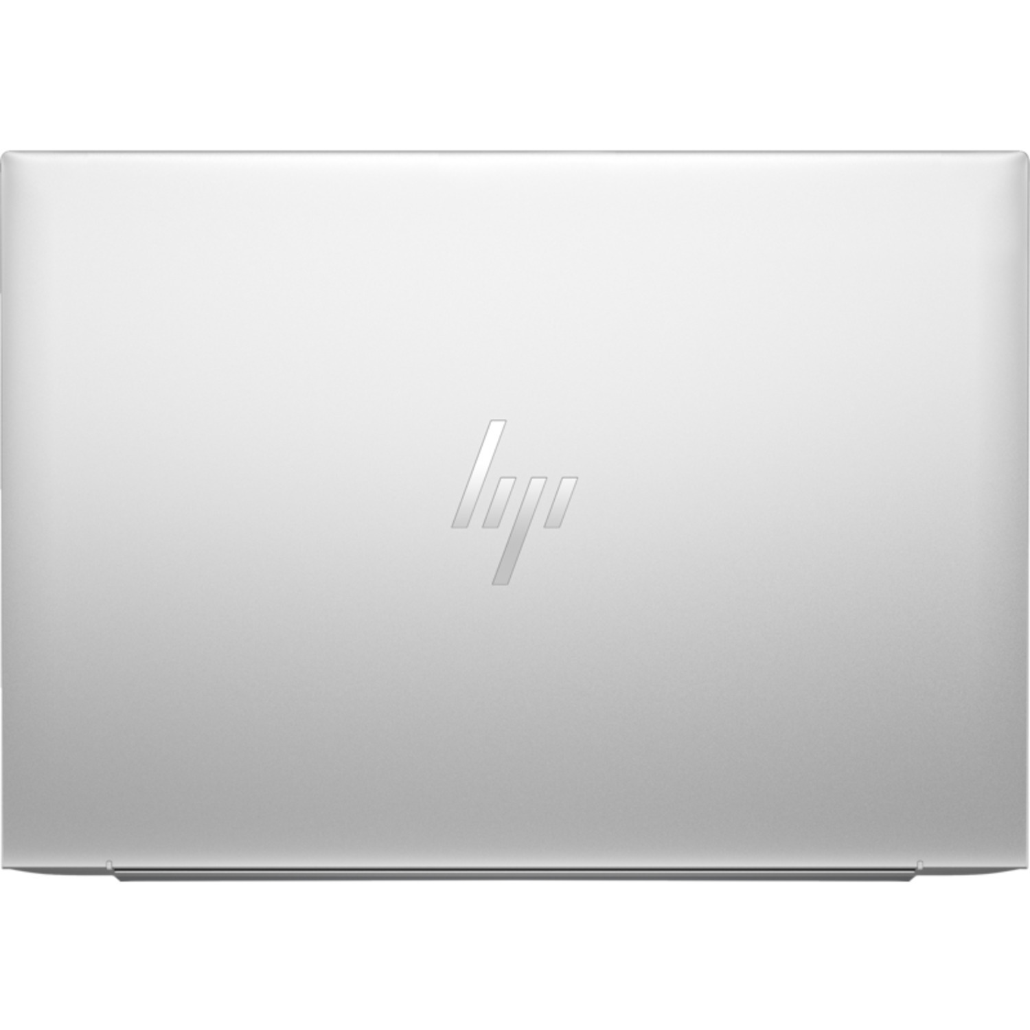 Zilveren laptop met het HP-logo op het deksel. De laptop is gesloten en de achtergrond is wit.