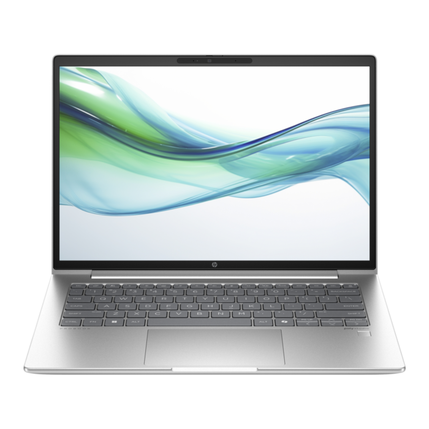 Ordinateur portable HP argenté. L'écran affiche un motif de vagues bleues et vertes. Clavier et pavé tactile gris.