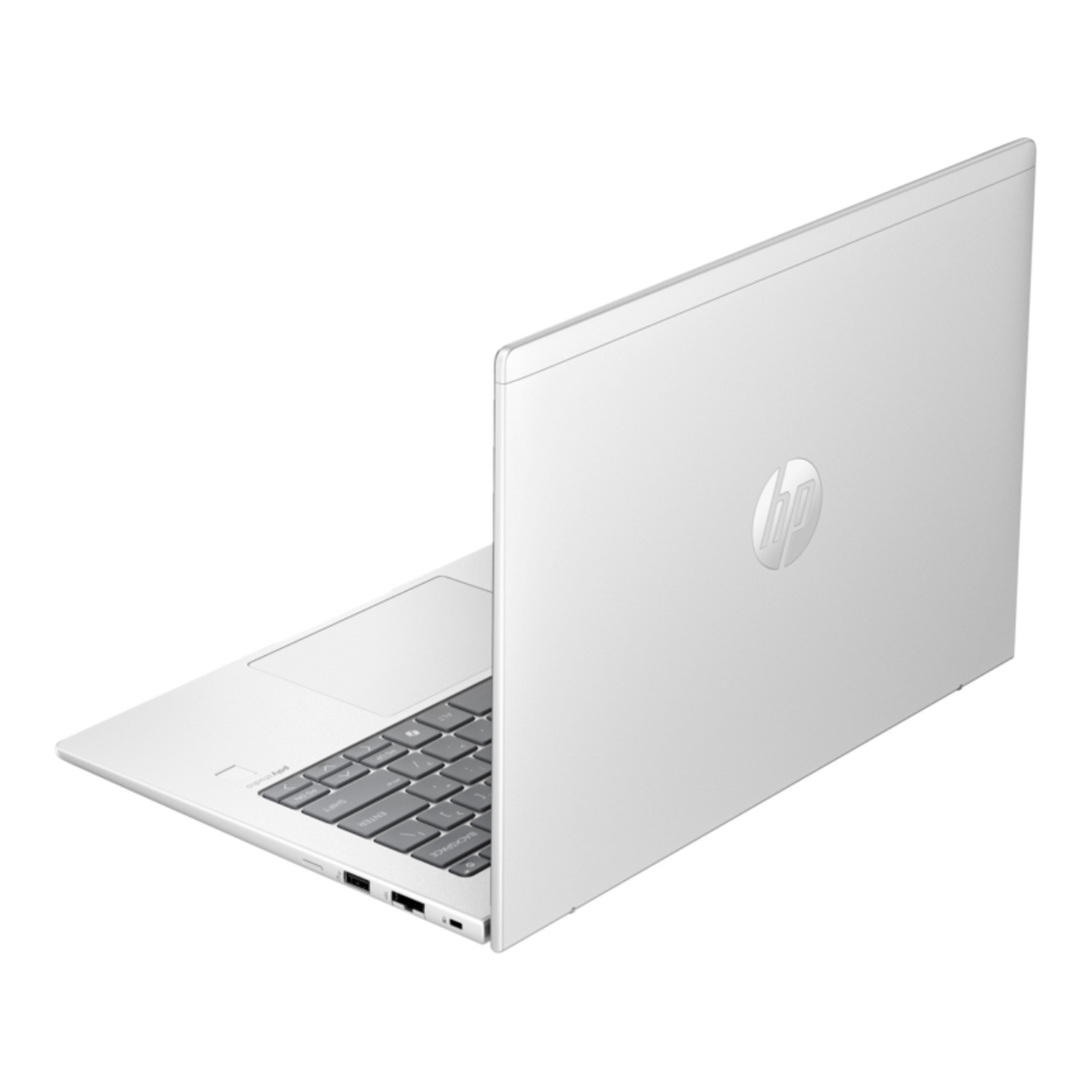 Un ordinateur portable argenté est ouvert, montrant le clavier et le pavé tactile. Le logo HP est visible à l'arrière.