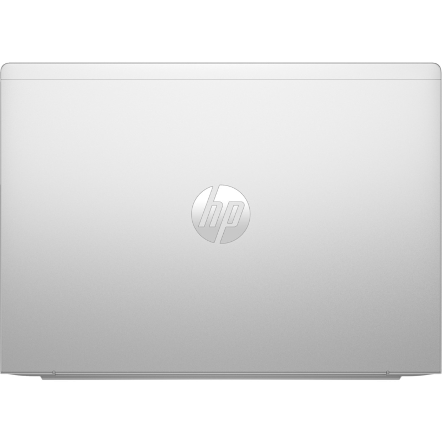 Le dessus d'un ordinateur portable argenté avec le logo HP centré sur la surface.