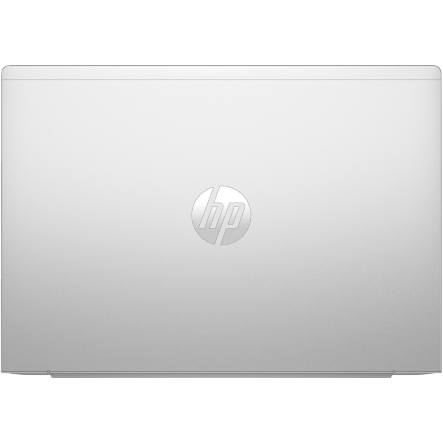 Silver HP laptop, viewed from the top. The HP logo is in the center of the lid.