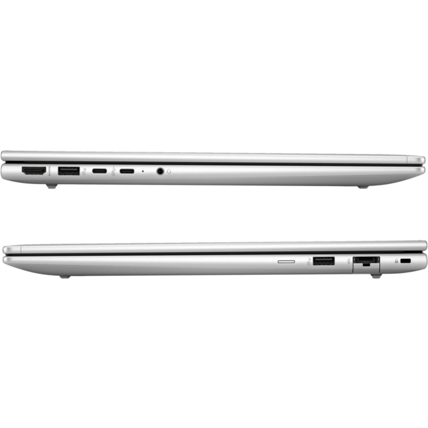 Side view of two silver laptops, highlighting their ports and features.