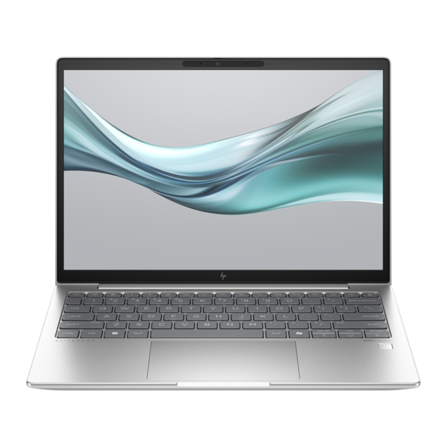 Ordinateur portable HP argenté avec des vagues sarcelle et grises.
