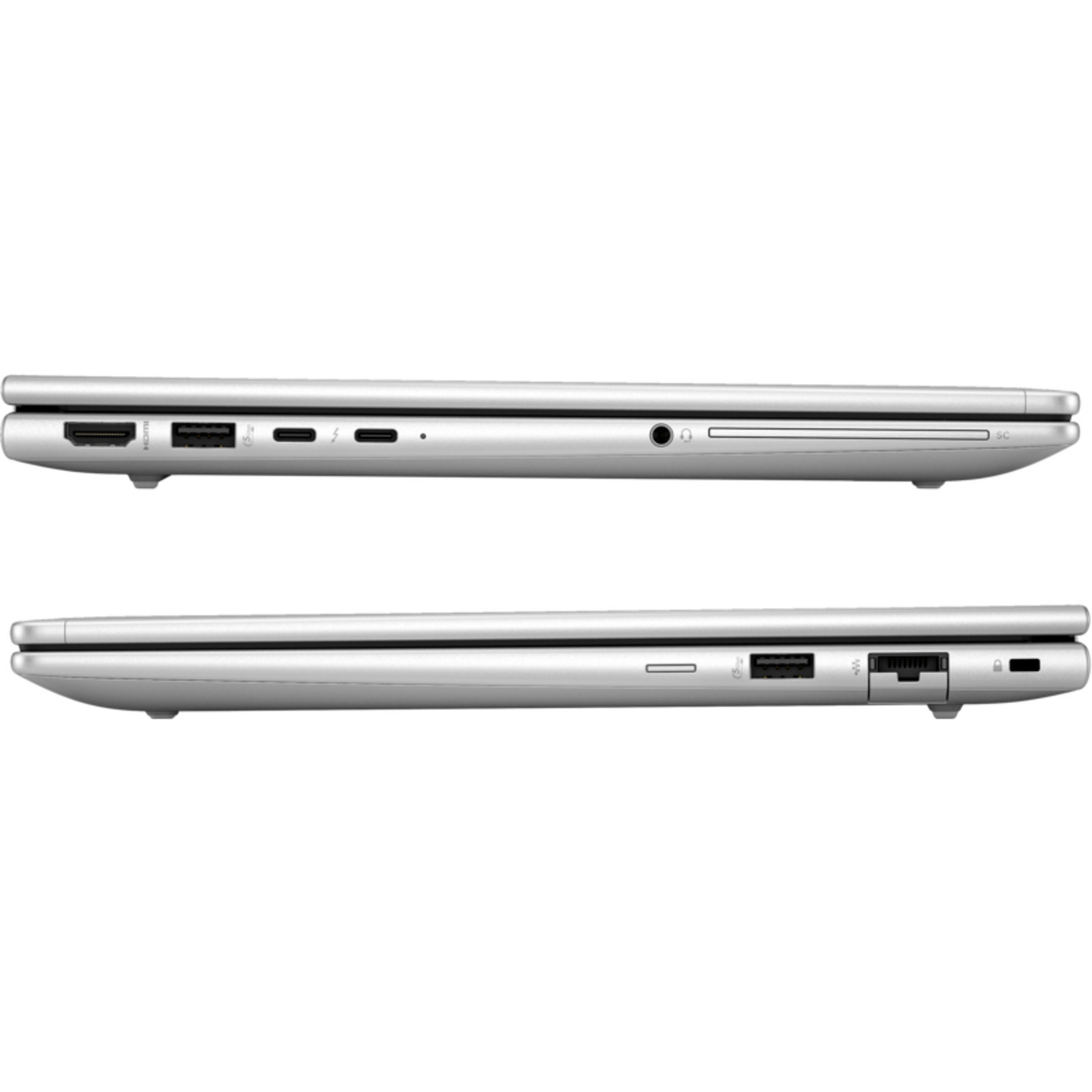 Vue latérale de deux ordinateurs portables argentés montrant les ports et le design.