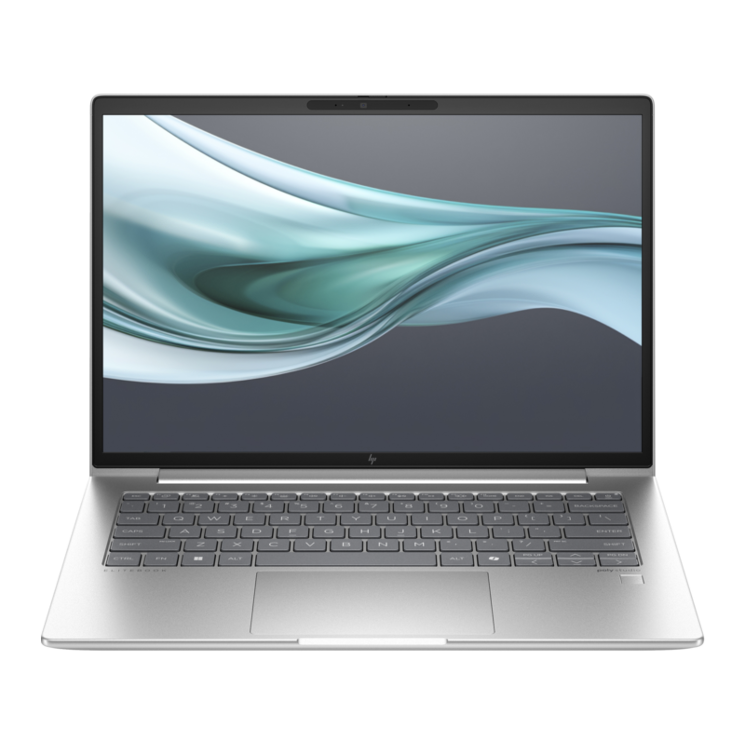 Zilveren HP laptop met blauwe en groene golven op het scherm.