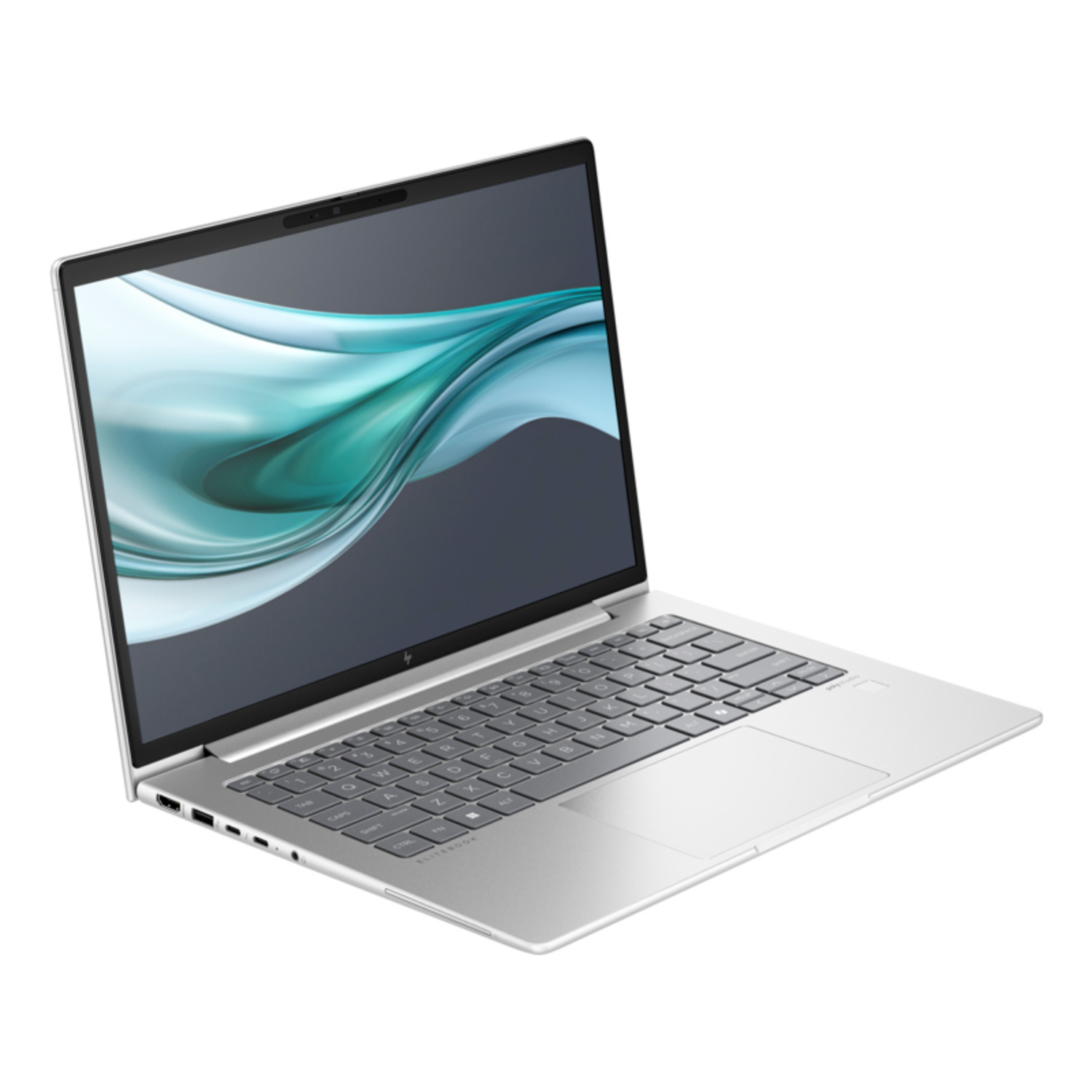 Een zilveren laptop op een witte achtergrond. Hij staat open en toont een scherm met een golfvormige grafiek.