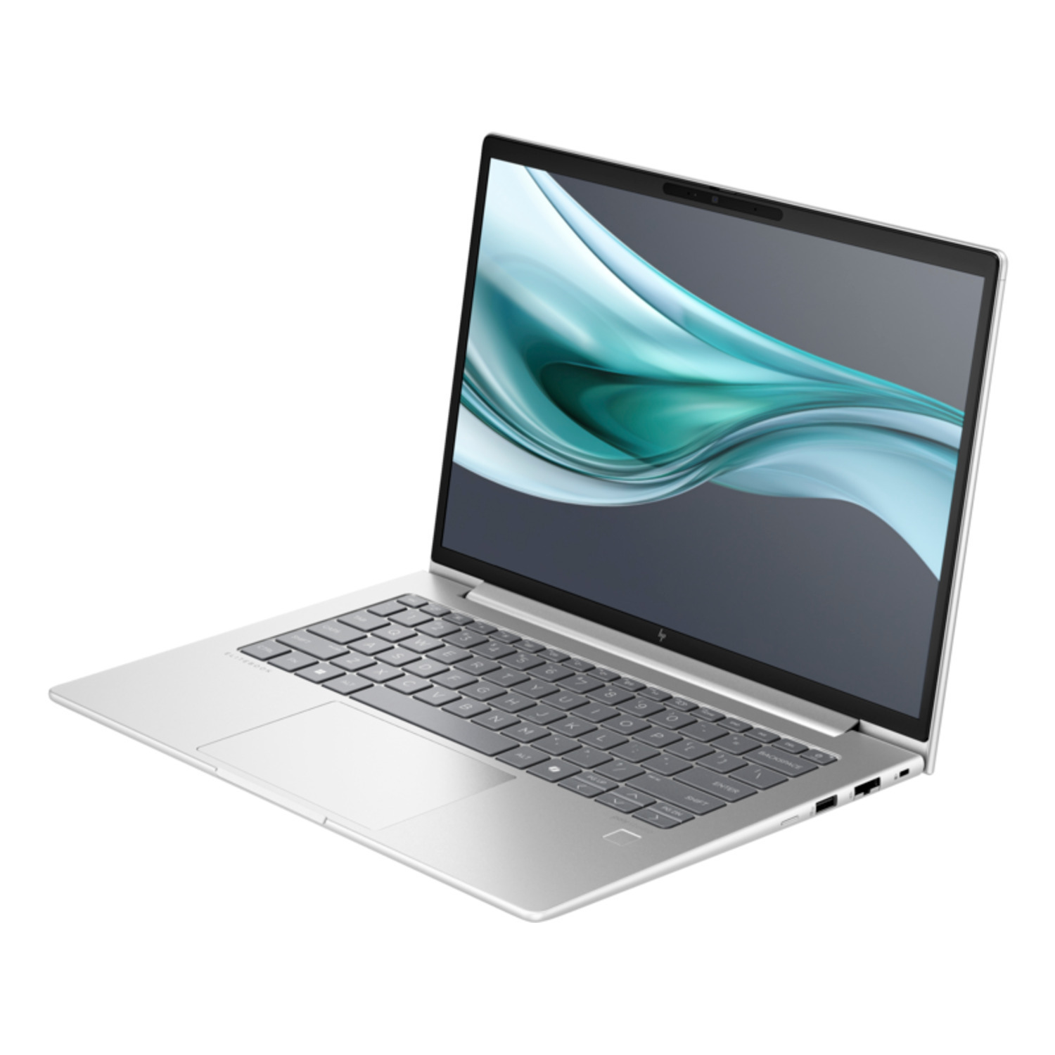 Zilveren laptop, open, met een scherm met abstracte kunst. Witte achtergrond.