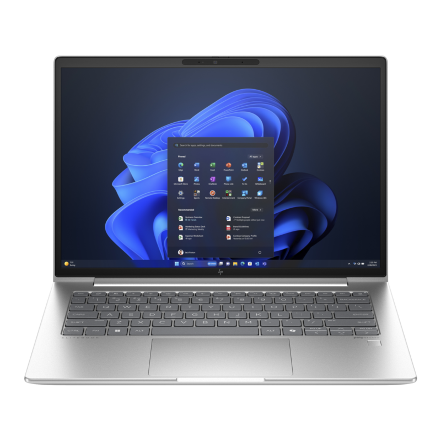 Zilveren laptop open, met Windows-interface. Toetsenbord zichtbaar, zwart scherm met iconen.