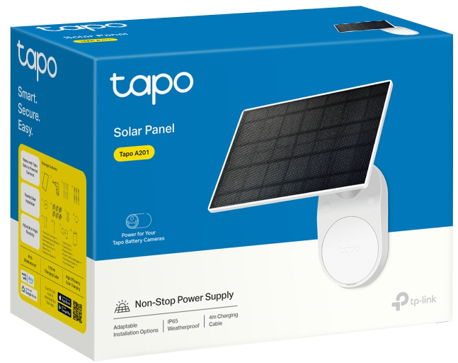 Egy kék doboz napelemmel, fehér kamera tartozékkal és szöveggel a non-stop energiaellátáshoz.