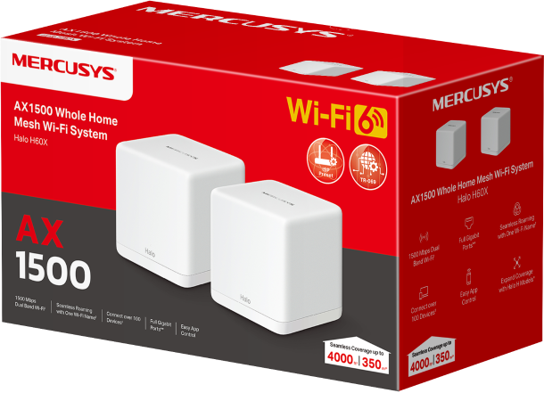 Két fehér mesh Wi-Fi egység dobozban, termékadatokkal és piros háttérrel.