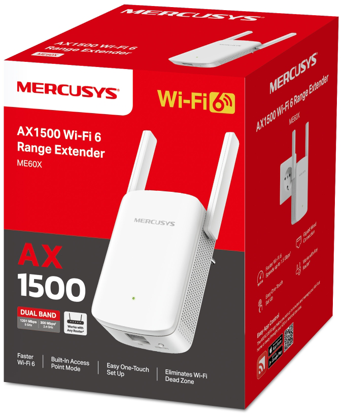 Egy fehér Mercusys AX1500 Wi-Fi 6 hatótávolság-bővítő doboz. A bővítő a dobozban látható.