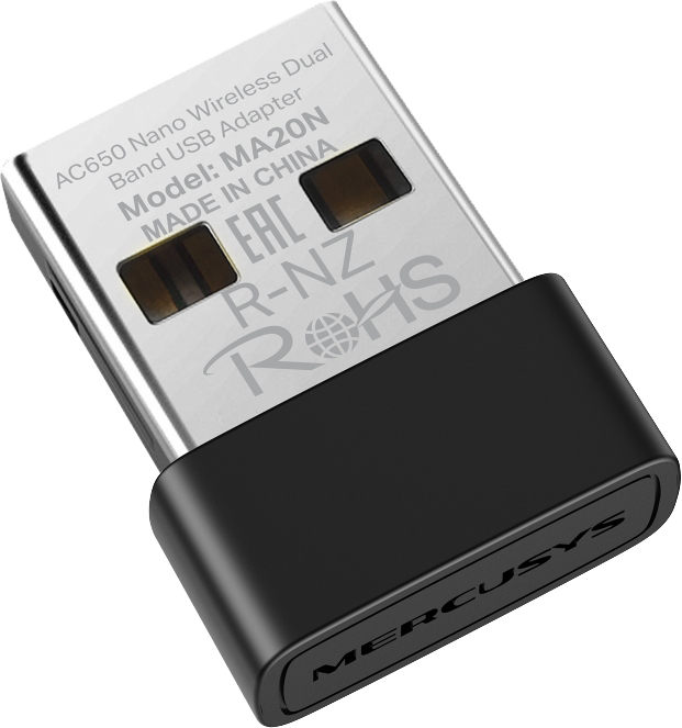 Ezüst és fekete USB vezeték nélküli adapter, fekete véggel, fehér felirattal.