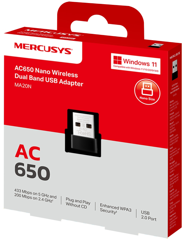 Egy piros-fehér Mercusys AC650 nano vezeték nélküli USB adapter doboza. A szöveg tartalmazza a 'Windows 11'-et.