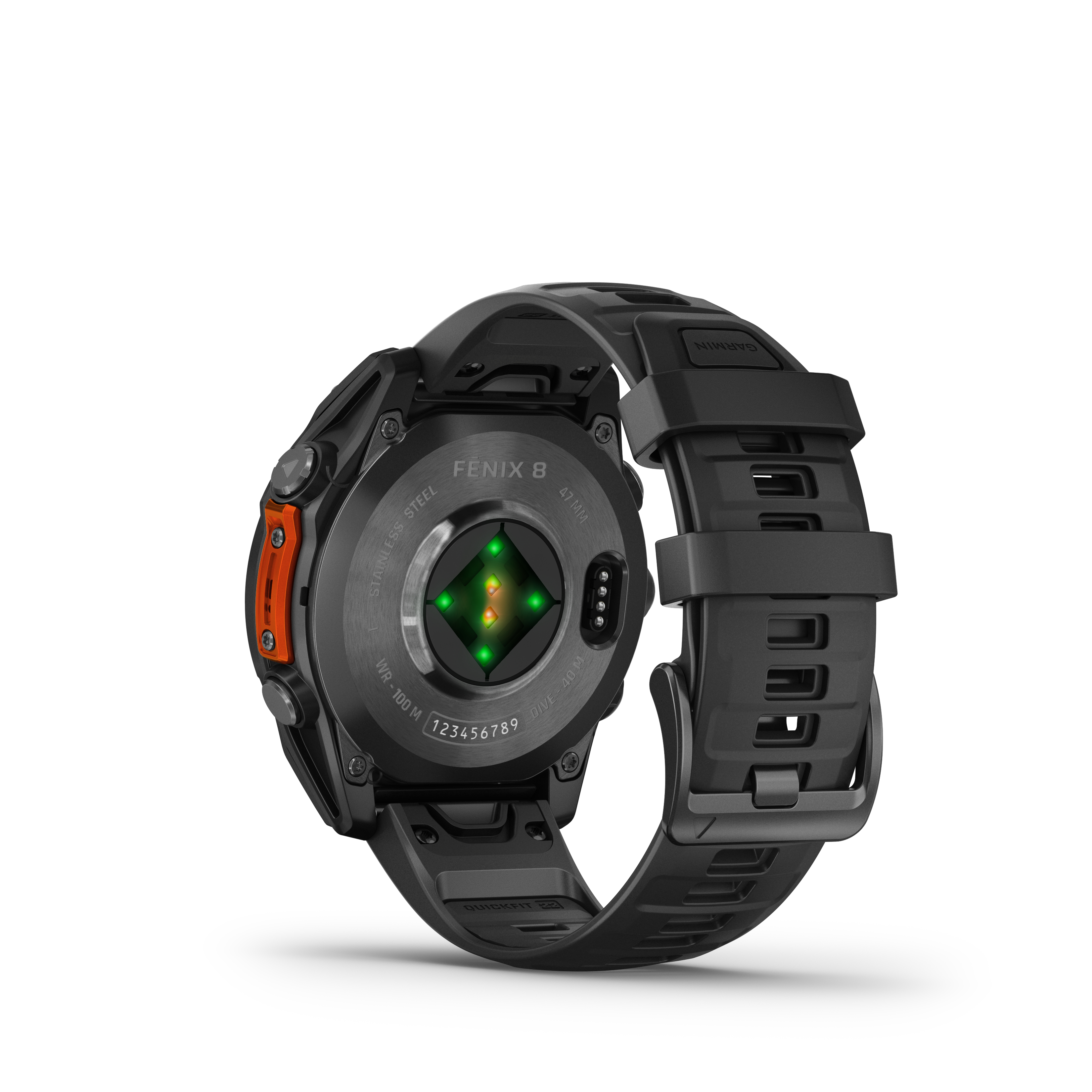 Garmin Fenix 8 Uhr, Rückansicht. Schwarz mit orangefarbenen Akzenten, Herzfrequenzsensor wird angezeigt.