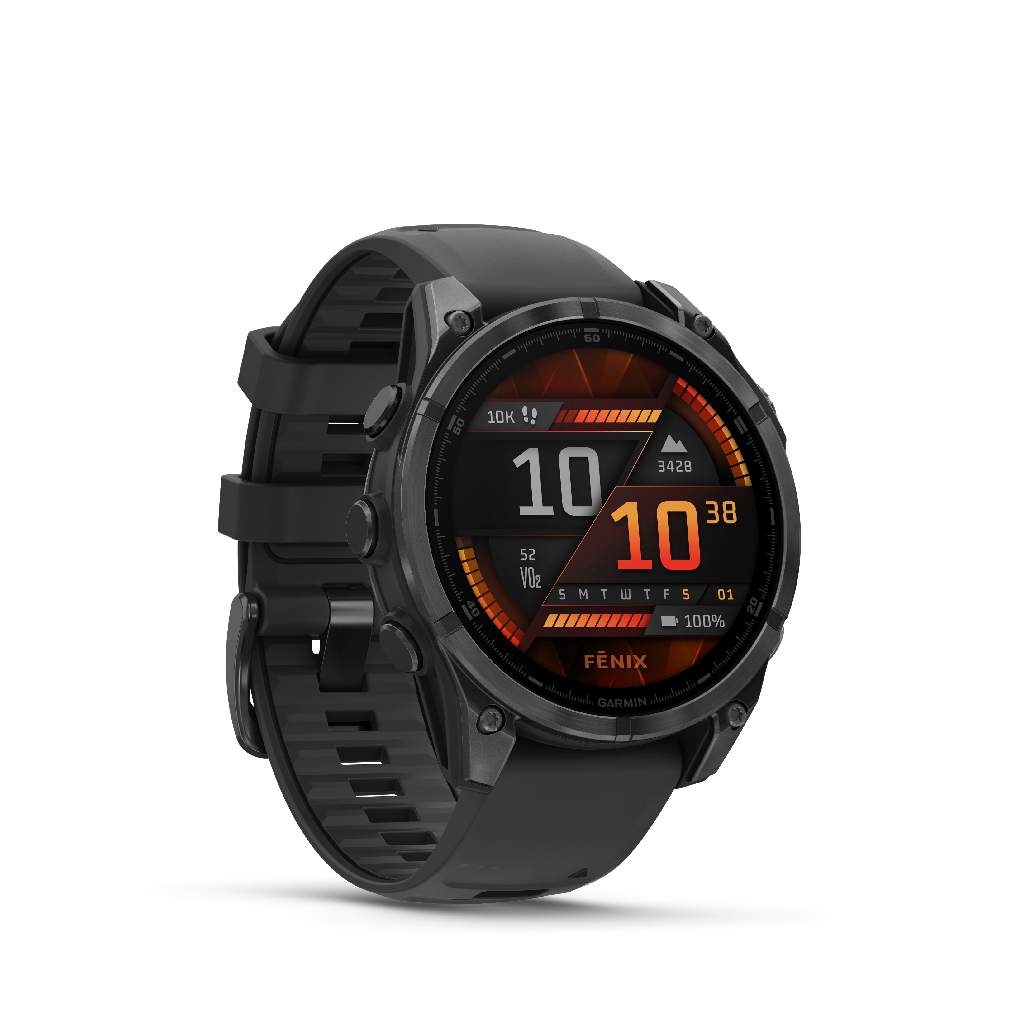 Schwarze Garmin Fenix Uhr mit Datendisplay, mit schwarzem Armband.