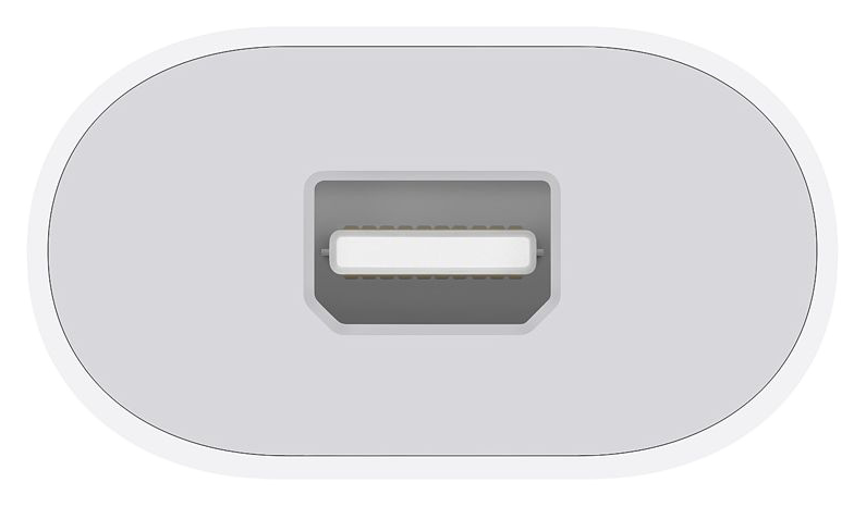 Fehér ovális alakú csatlakozó mini-DisplayPort bemenettel, kábelhez tervezve.