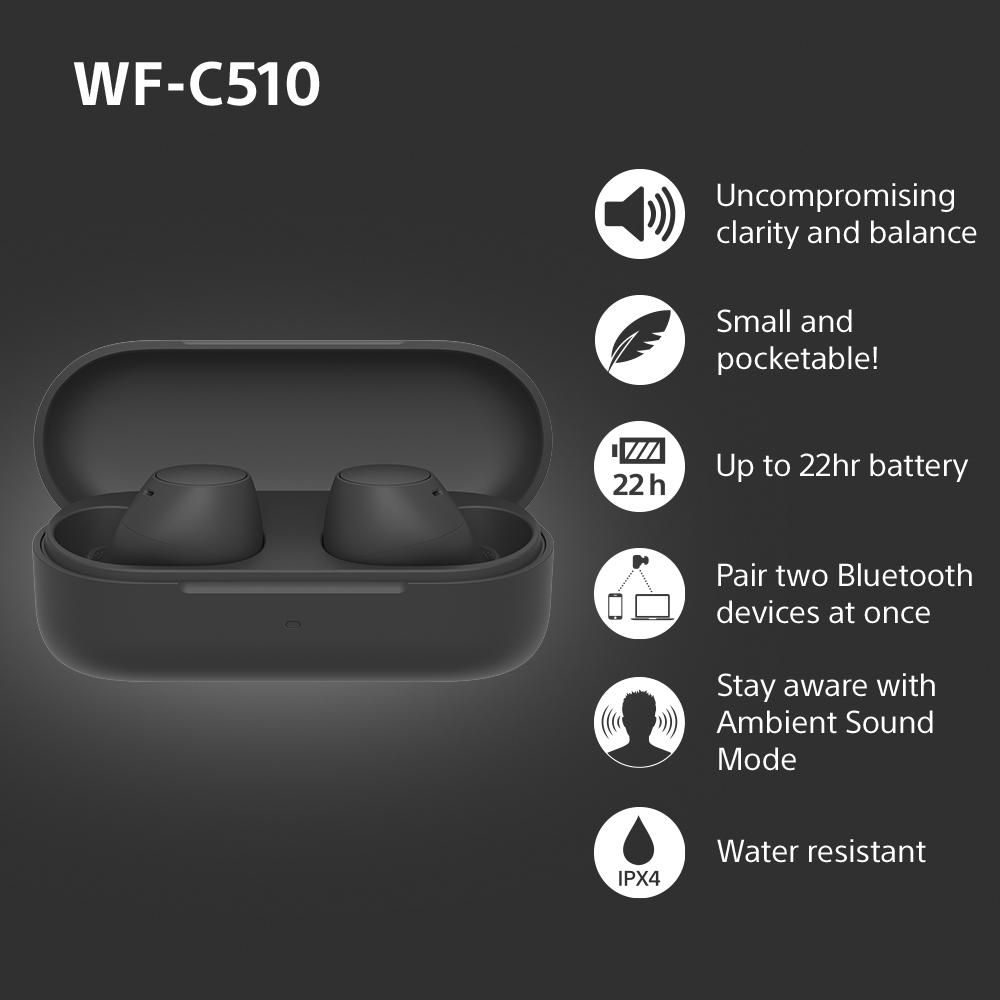 Auricolari e custodia wireless neri con icone che indicano funzioni come la durata della batteria e la resistenza all'acqua.