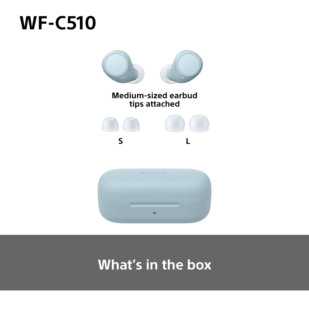 Sony WF-C510 Ohrhörer und Ladeetui. Die Ohrhörer sind blau und enthalten zusätzliche Spitzen.