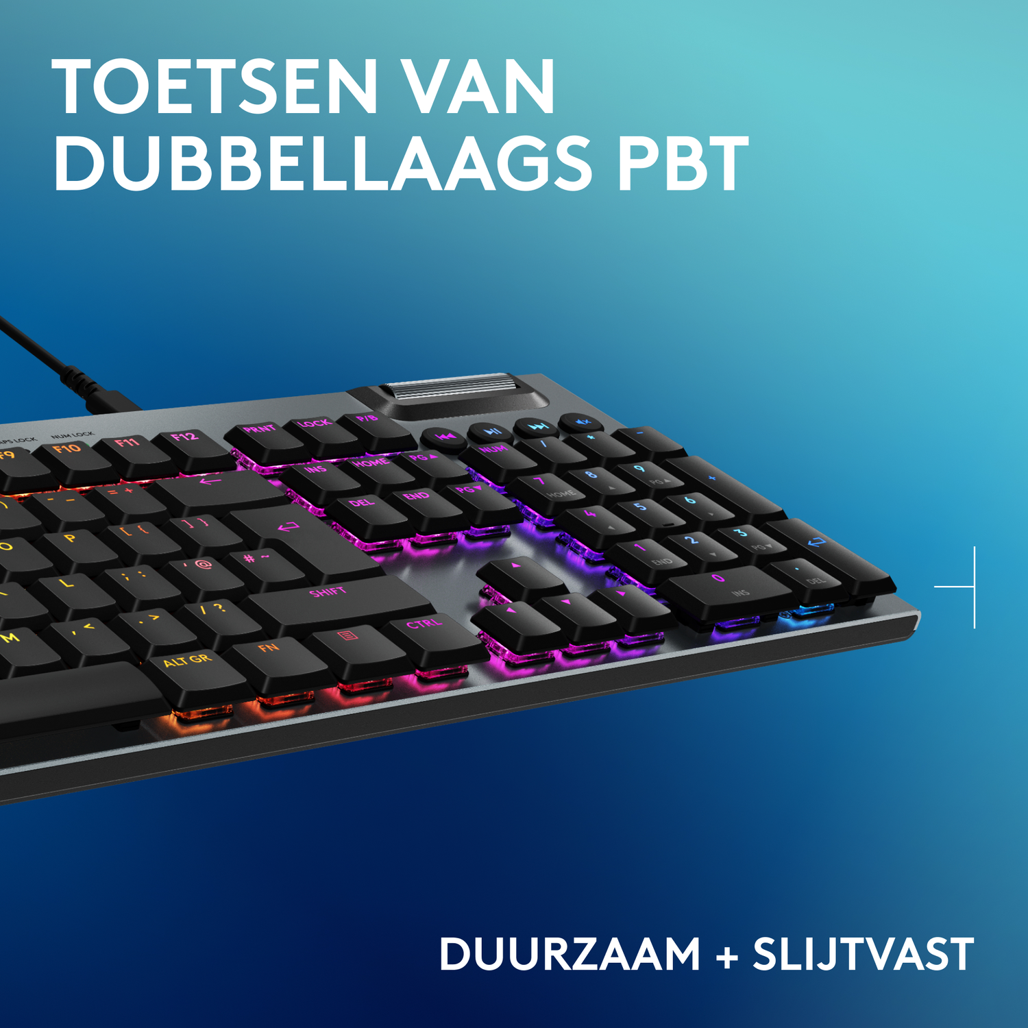 A keyboard with colorful lighting and text that says 'DURABLE + WEAR RESISTANT'.