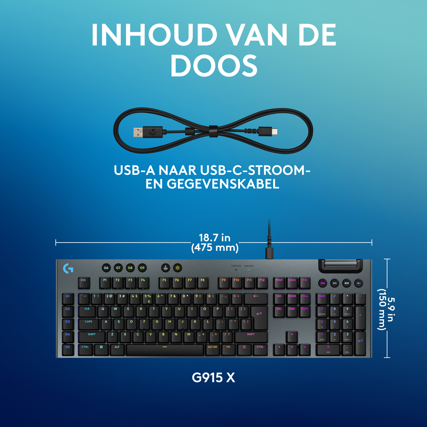 A black keyboard with a USB-A to USB-C cable. It has dimensions and is labeled G915 X.