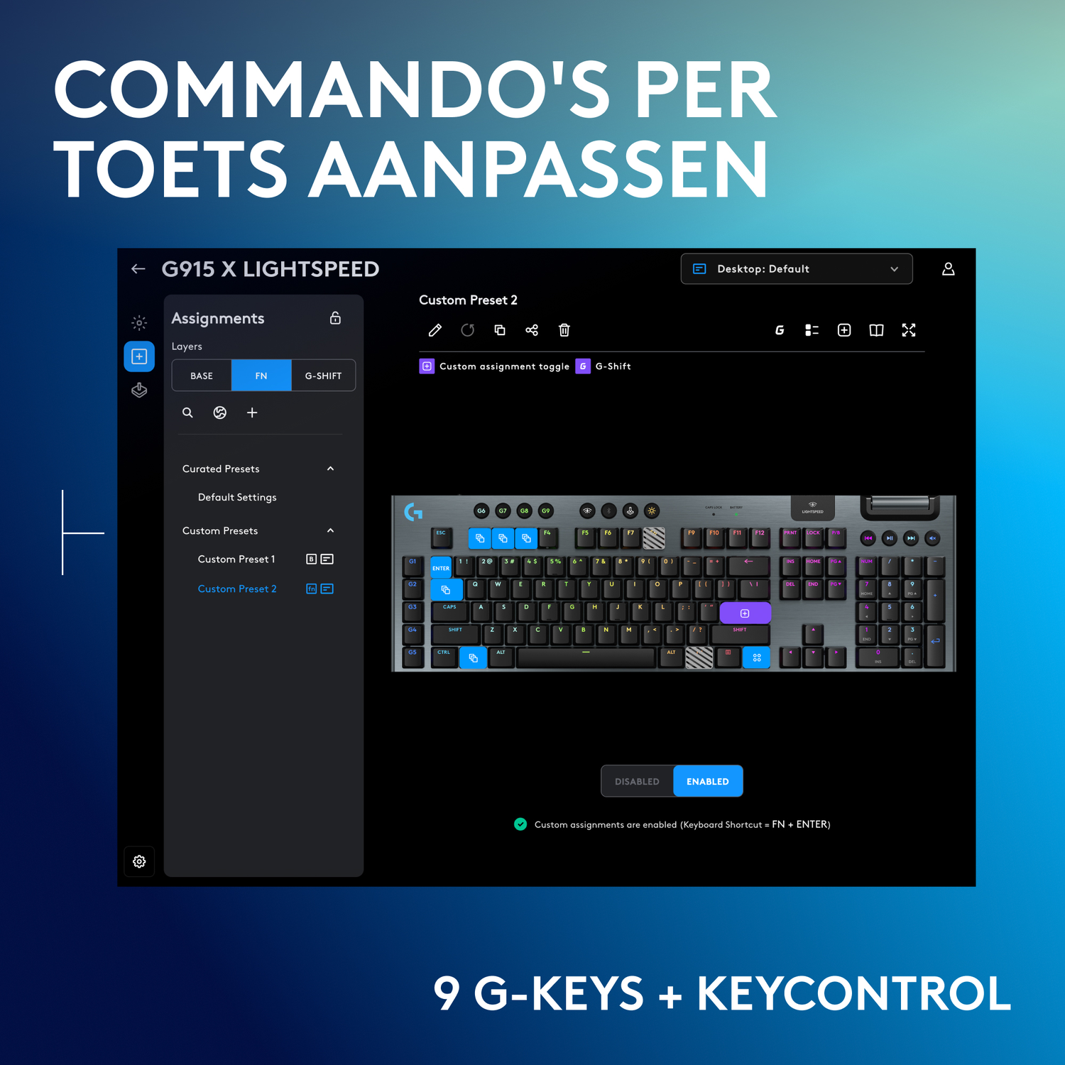 Screenshot of a keyboard customization software interface. The image is on a gradient blue backdrop.