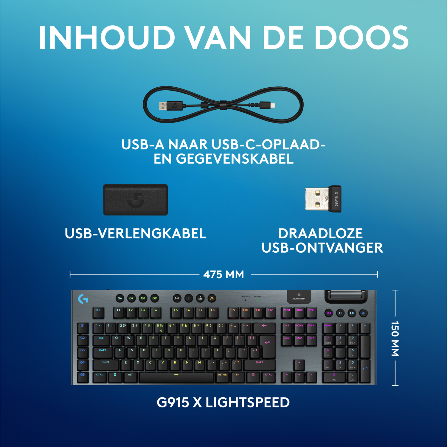 Keyboard components: USB cable, USB extender, wireless USB receiver. Keyboard is G915 X LIGHTSPEED, black.