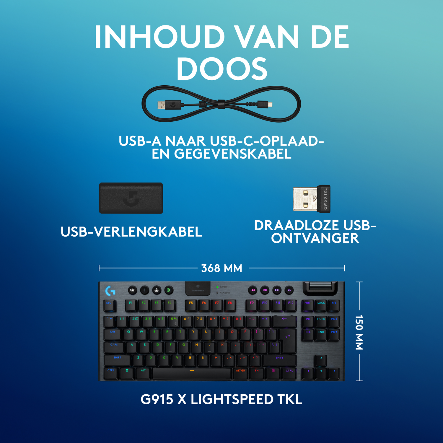 Keyboard contents: cable, USB extender, and wireless receiver.
