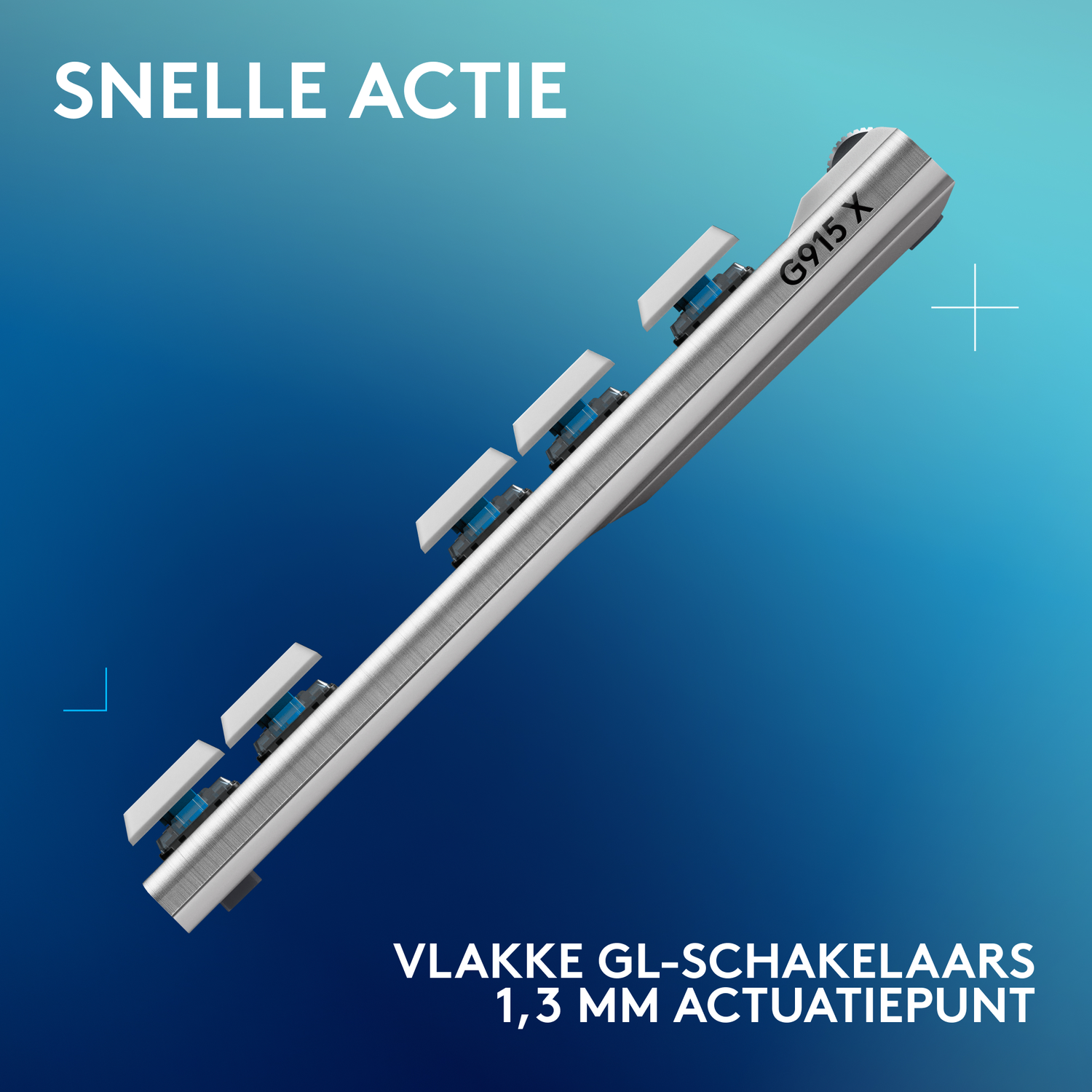 A keyboard part with keys and switches, against a blue and white gradient background.