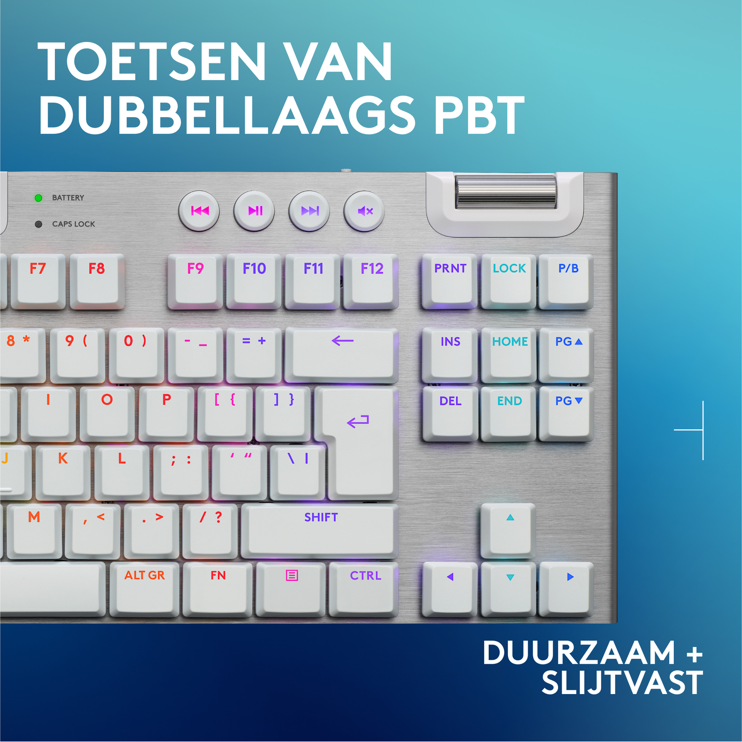 White mechanical keyboard with white keys and silver frame. Text on the keys.