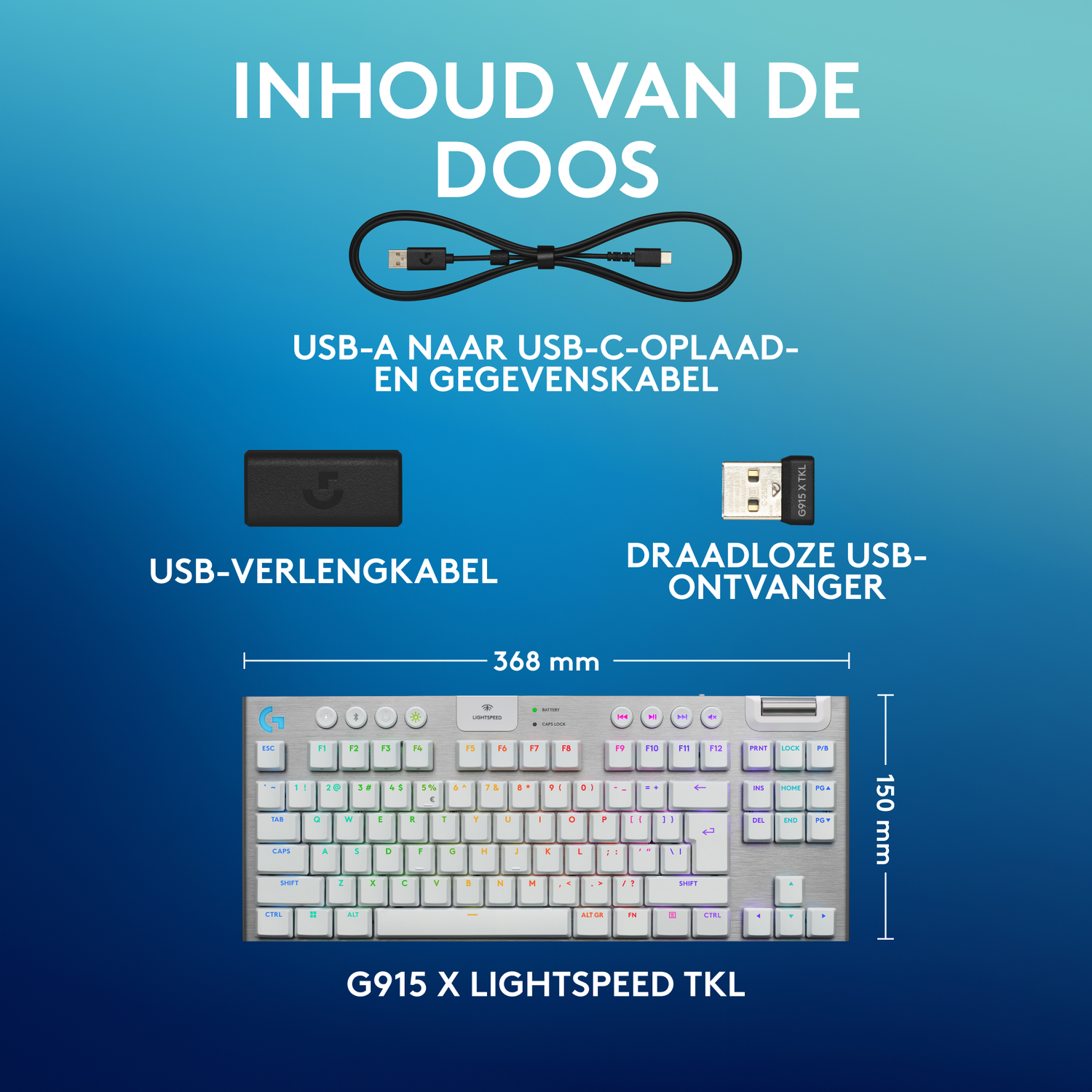 A keyboard and accessories are displayed on a blue background.