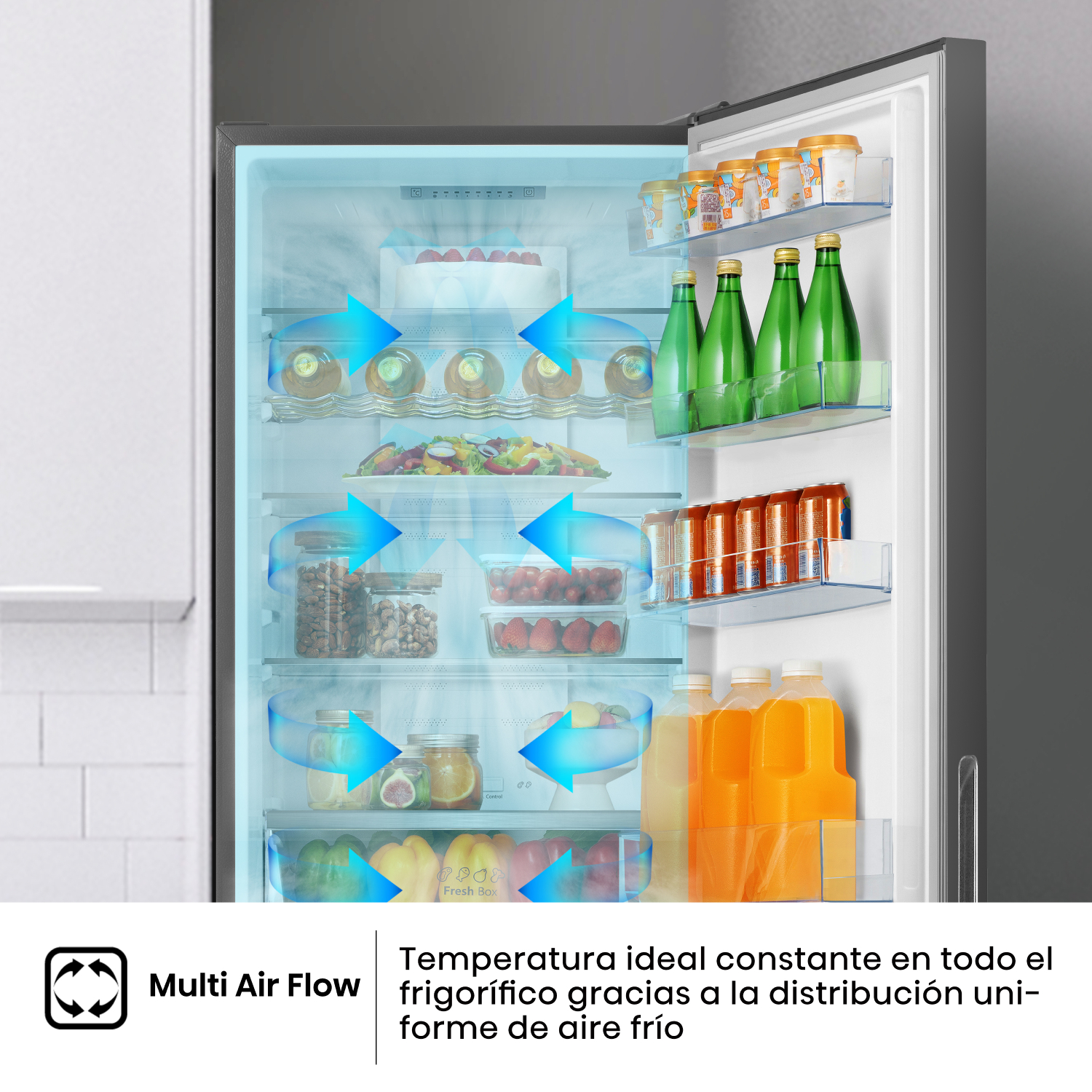 Refrigerador abierto con alimentos, mostrando diseño interior y superposición de texto.