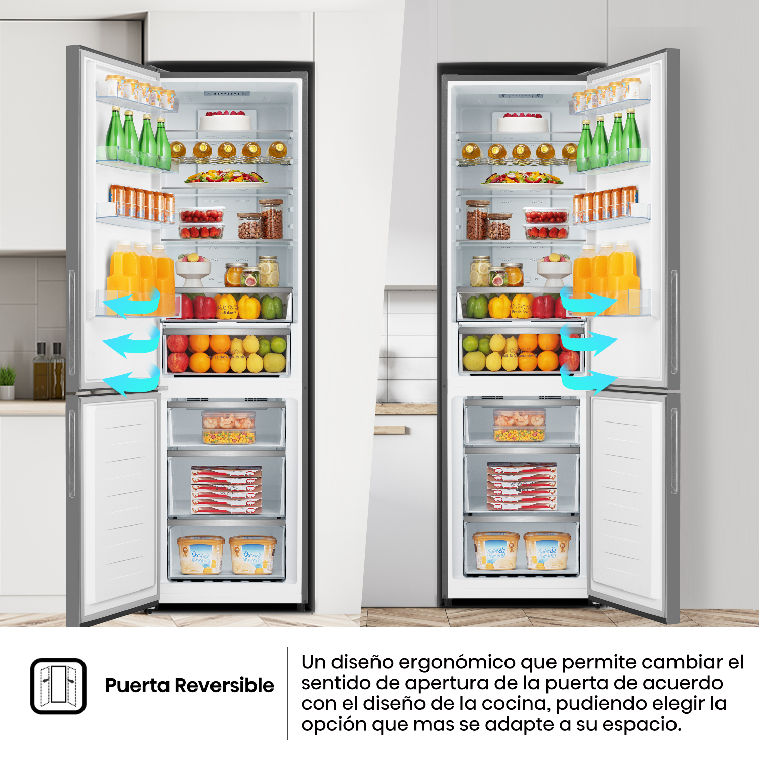 Un refrigerador de doble puerta con puertas abiertas, lleno de comida.