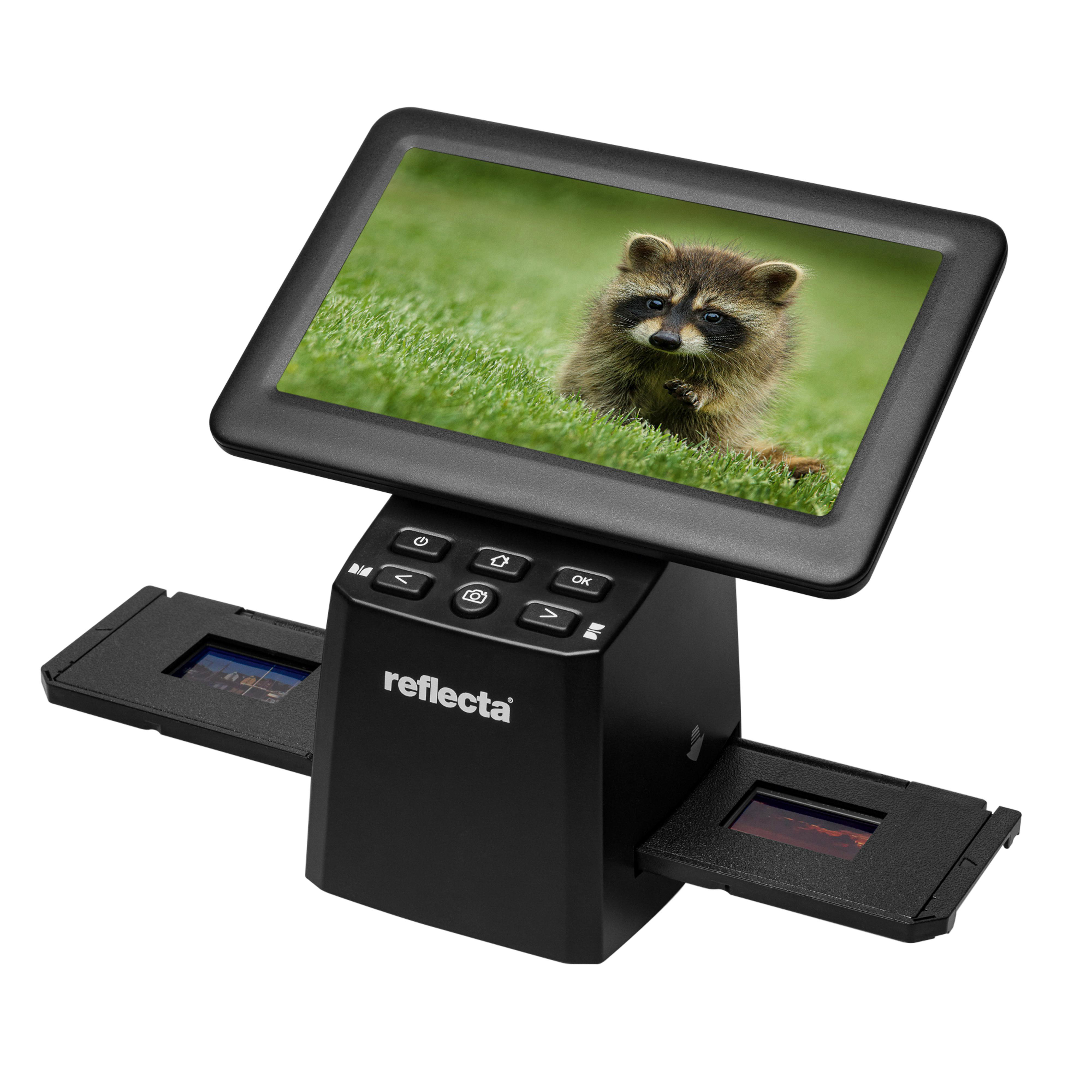 Schwarzer und silberner Filmscanner mit einem Waschbären auf dem Bildschirm. Dias auf beiden Seiten.