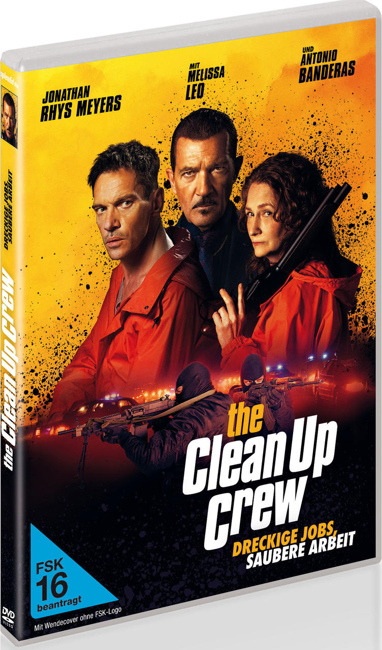 DVD-Hülle für 'The Clean Up Crew'. Zeigt Schauspieler in orangefarbener und schwarzer Kleidung vor orangefarbenem Hintergrund.